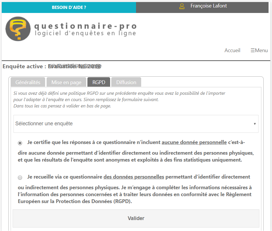 Onglet RGPD dans questionnaire-pro