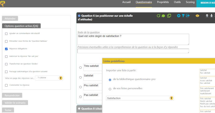 Illustration de l'interface de création de questionnaire du logiciel questionnaire-pro